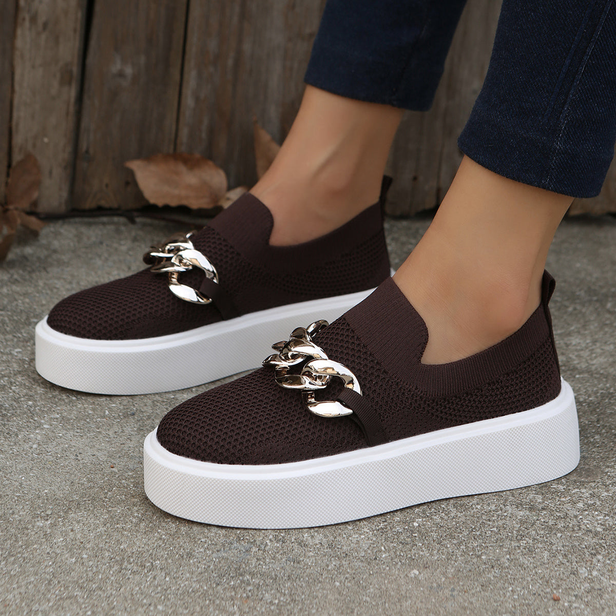 Women's Thick Sole Loafers Mesh Chain Decor Slip-on Casual Shoes