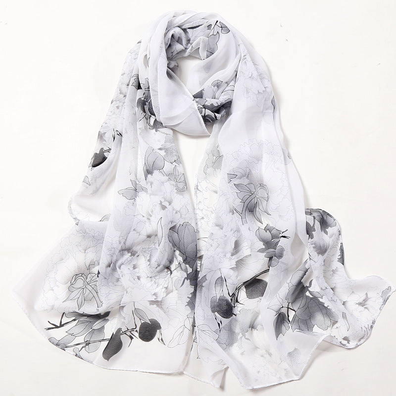 Chiffon Flower Print Soft Wrap Scarf Long Silk Shawl