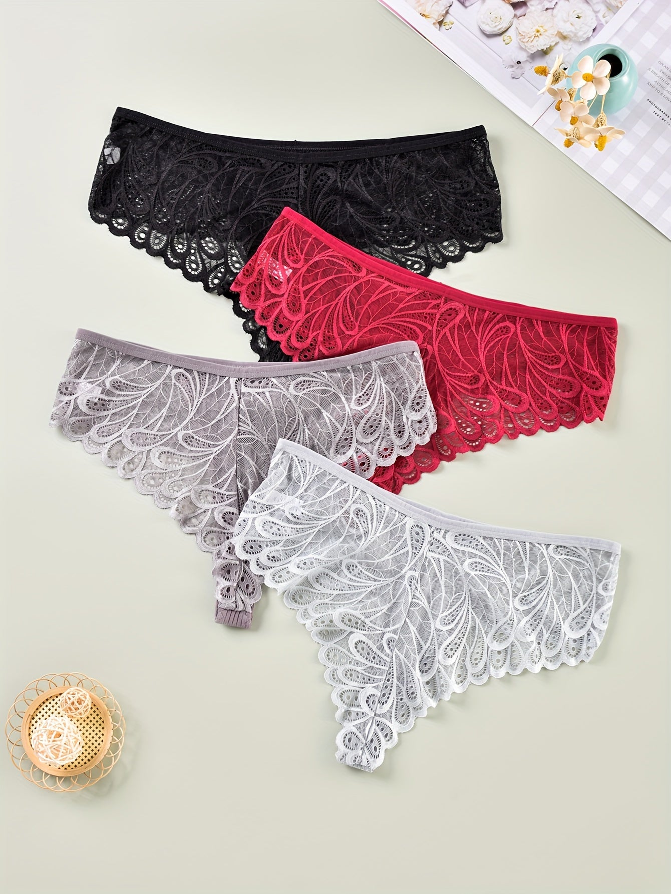 4 Pack Plus Size Sexy Panties Set Women's Plus Ribbed Knit Contrast Lace Briefs