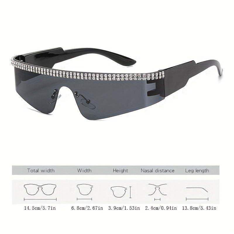 Y2K Rimless Wrap Around Sunglasses Rhinestone Gradient Lens UV400