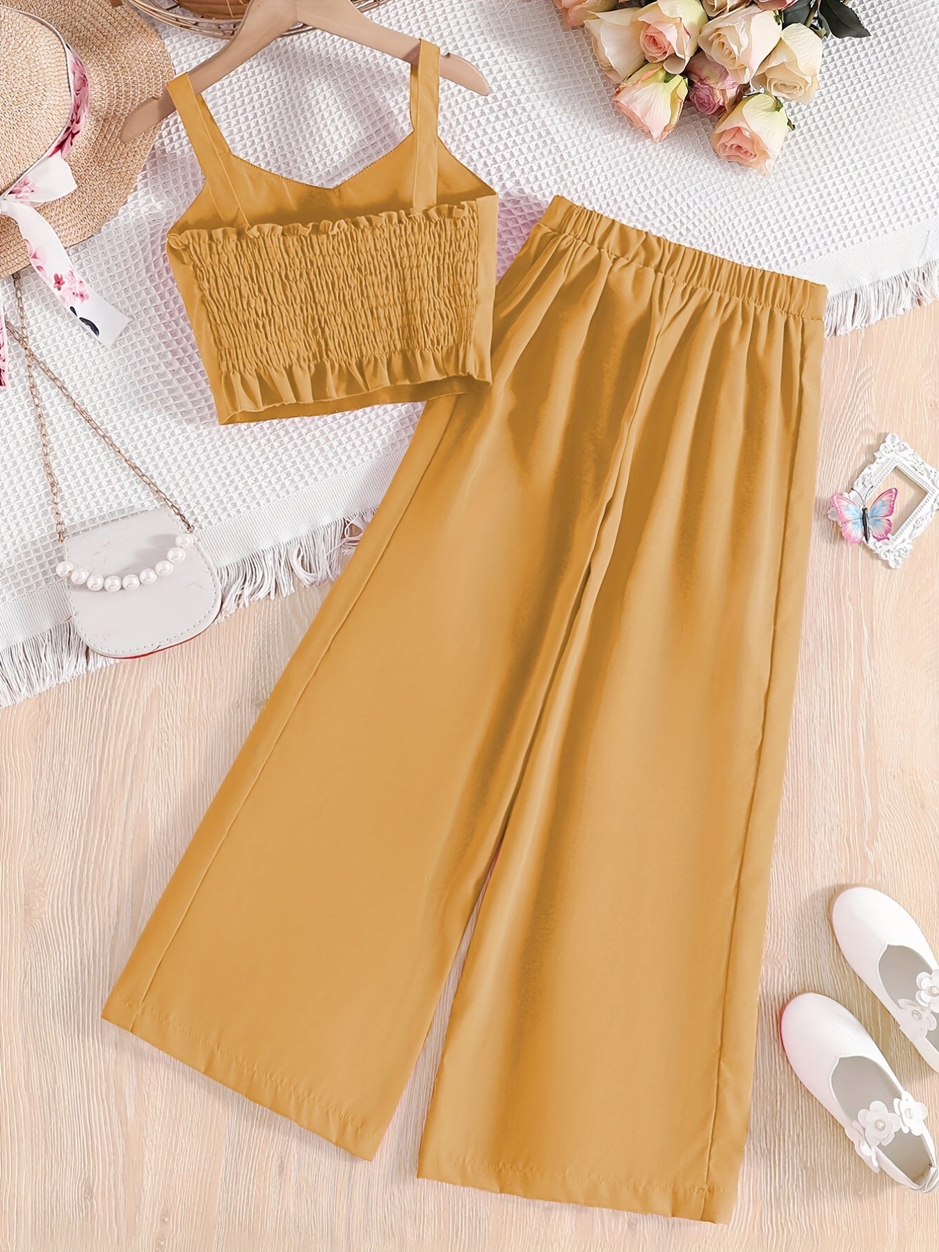 2 Pcs Girls' Cropped Cami Shirt & High Waist Trousers Set For Party