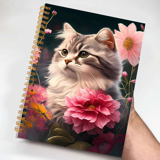 Charming Cat & Pink Flowers Notebook - 50 Pages