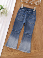 Girls Gradient & Lines Stitching Skinny Jeans Flare Leg Denim Pants