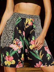 Leopard & Floral Print Boho Shorts Elastic Waist Summer Women's Clothing