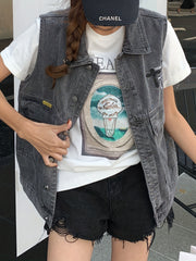Denim Jacket Vest Women's Cross Print Lapel Collar
