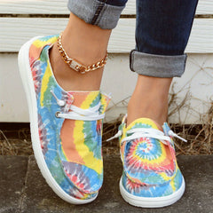 Tie Dye Flower Boat Shoes Lace Up Canvas Lightweight Breathable Walking Shoes