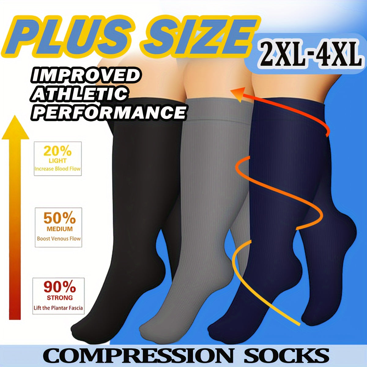 3 Pairs Plus Size Compression Socks 15-20 mmHg Wide Calf for Women & Men