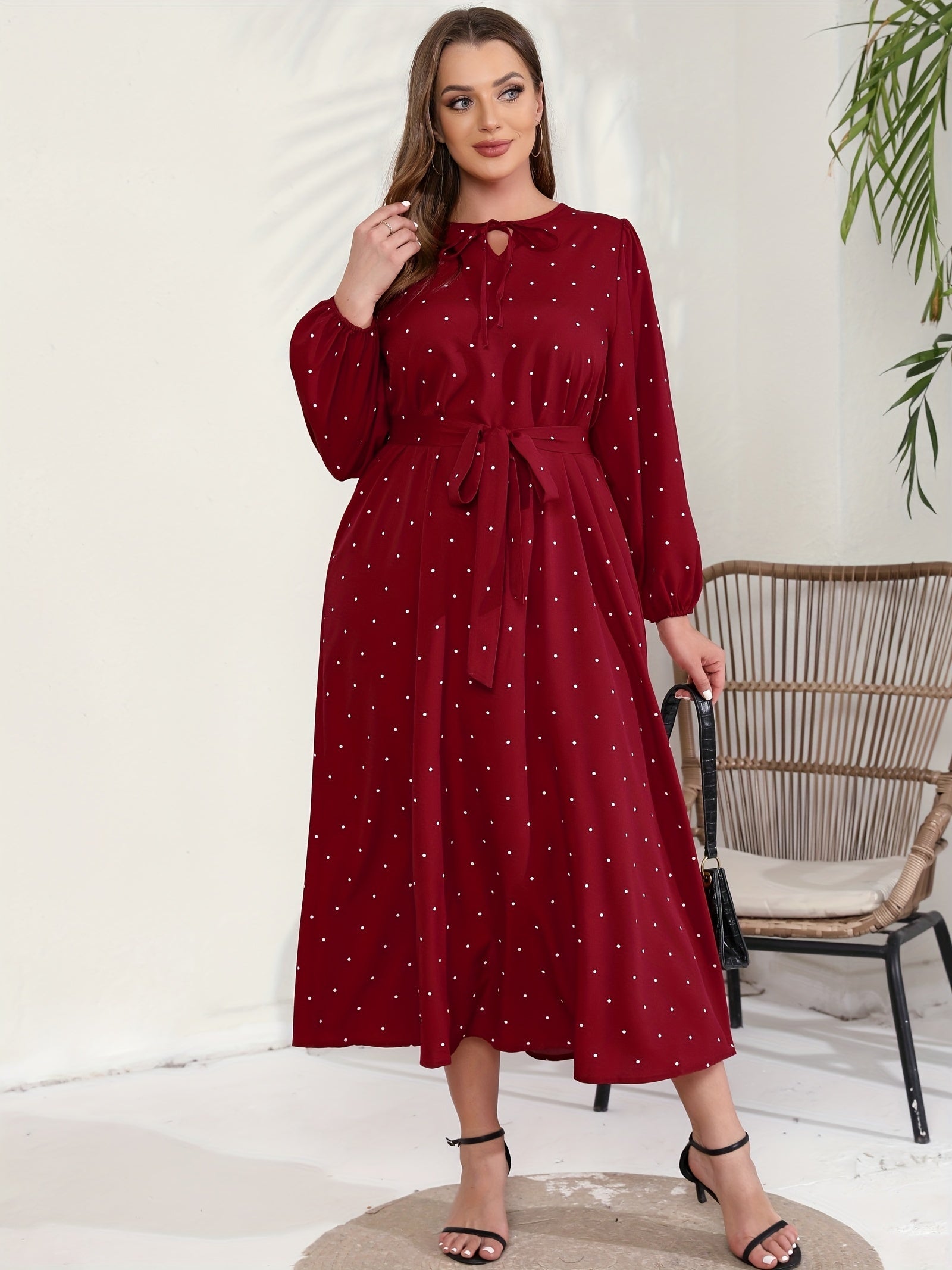 Polka Dot Long Sleeve Maxi Dress With Belt