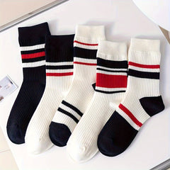 5 Pairs Striped Crew Socks for Women