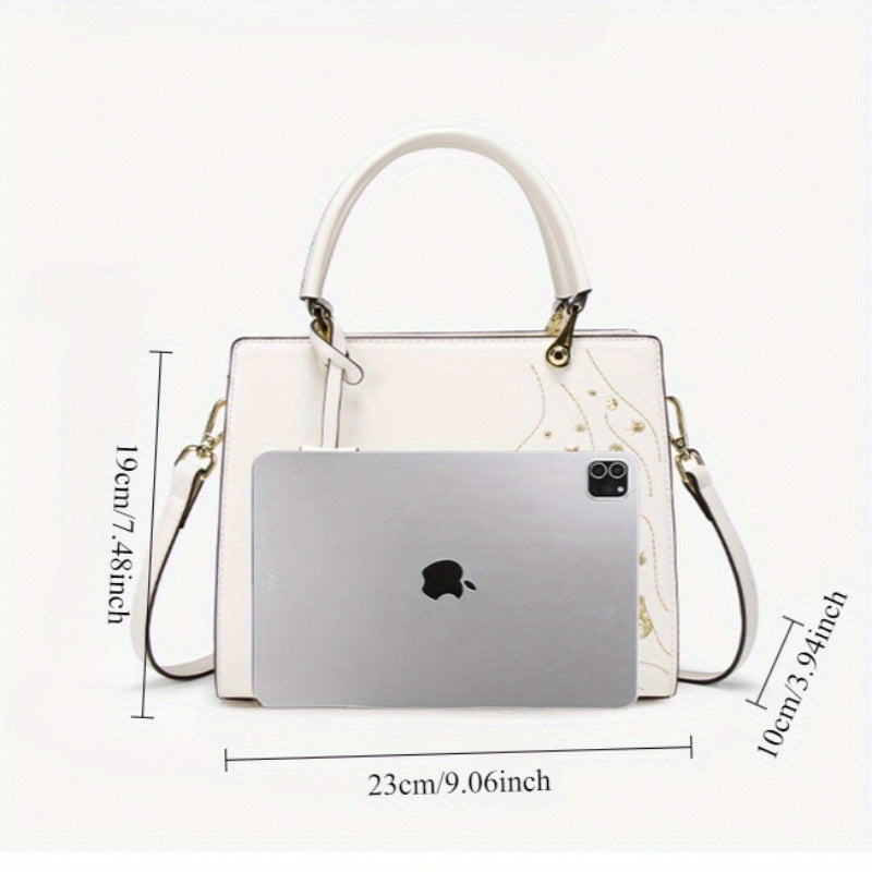 Geometric Floral Crossbody Bag Golden Tone Zipper Closure Polyester Lining