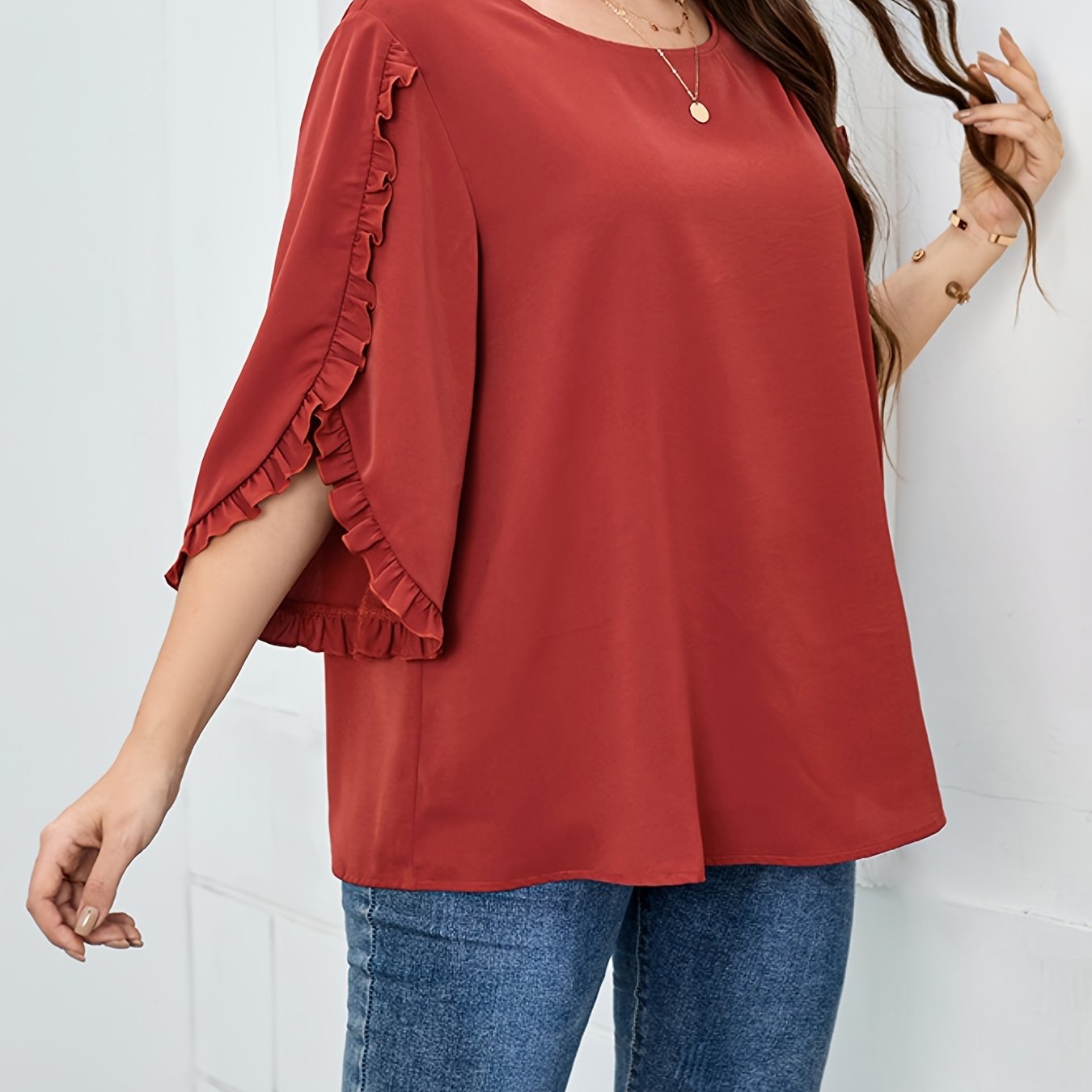 Frill Trim Solid Blouse Women's Plus Round Neck Blouse