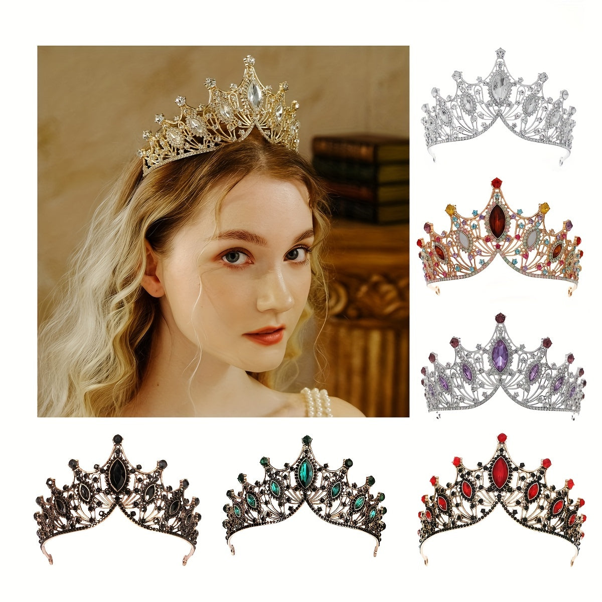 Baroque Queen Crown Rhinestone Wedding Tiara Crystal Vintage Princess Crown