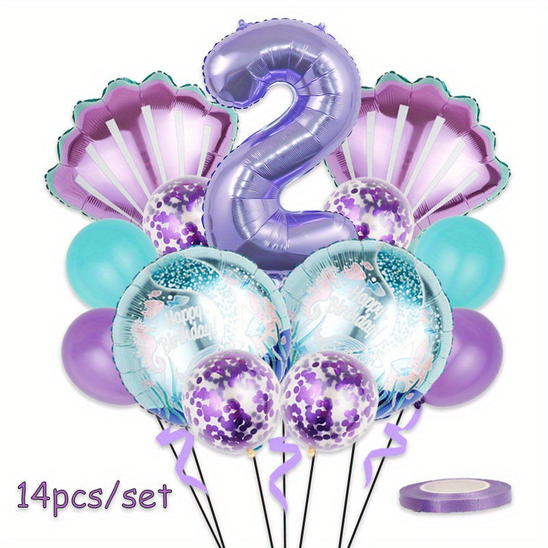 Mermaid Themed Birthday Party Balloon Set - Purple Shells & Numbers