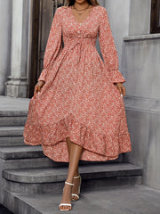 Floral Print Dress V Neck Long Sleeve