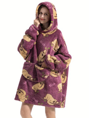 Lounge Robe Women's Plus Sloth Pattern Warm Oversized Fleece Hoodie