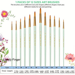 12Pcs Artist Paint Brushes Set - Round Pointed Tip Nylon Hair