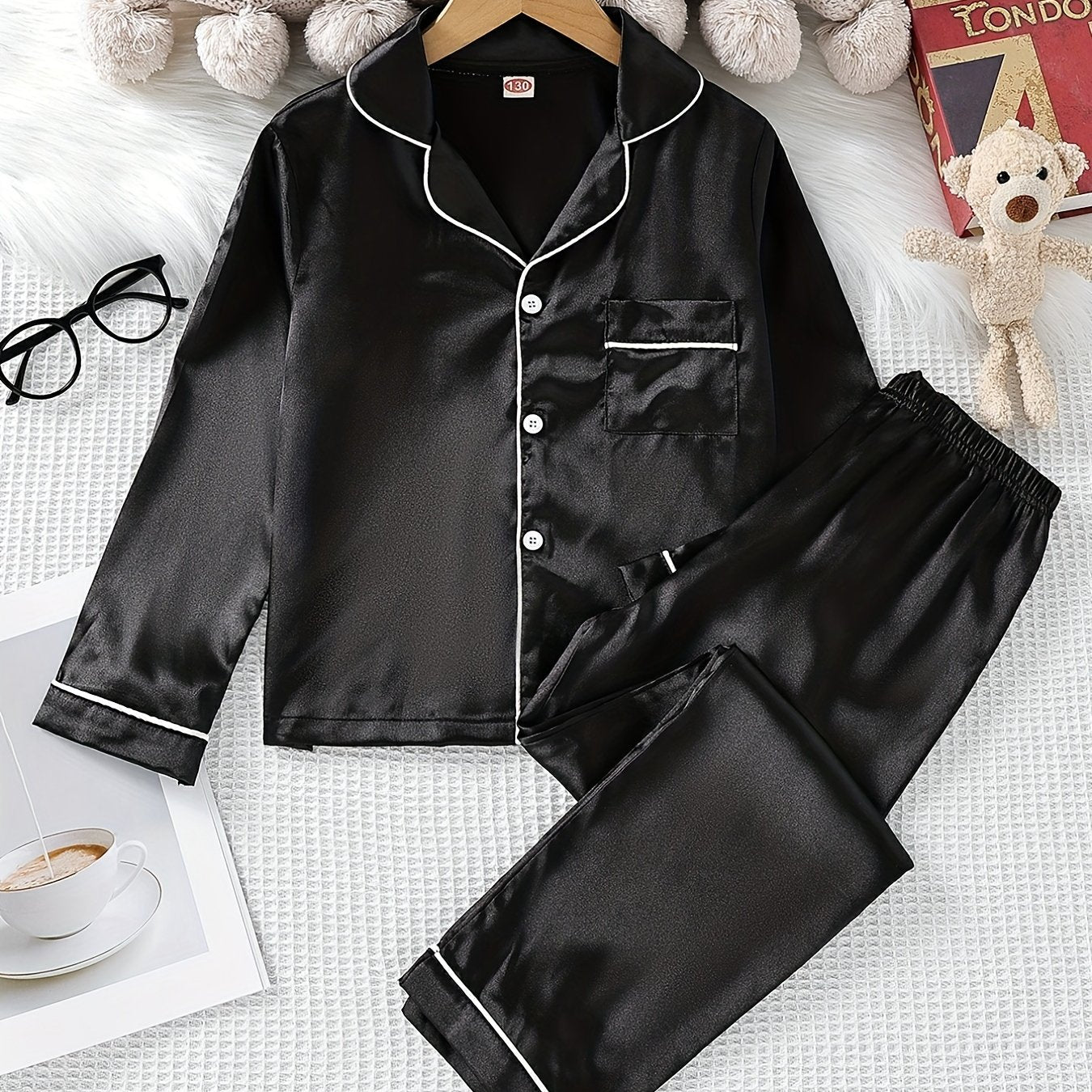 Boys 2pcs Pajamas Top & Pants Silver Solid Print Button Front PJ Set
