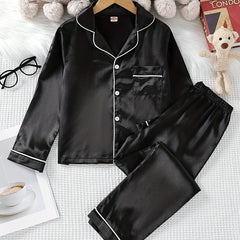 Boys 2pcs Pajamas Top & Pants Silver Solid Print Button Front PJ Set
