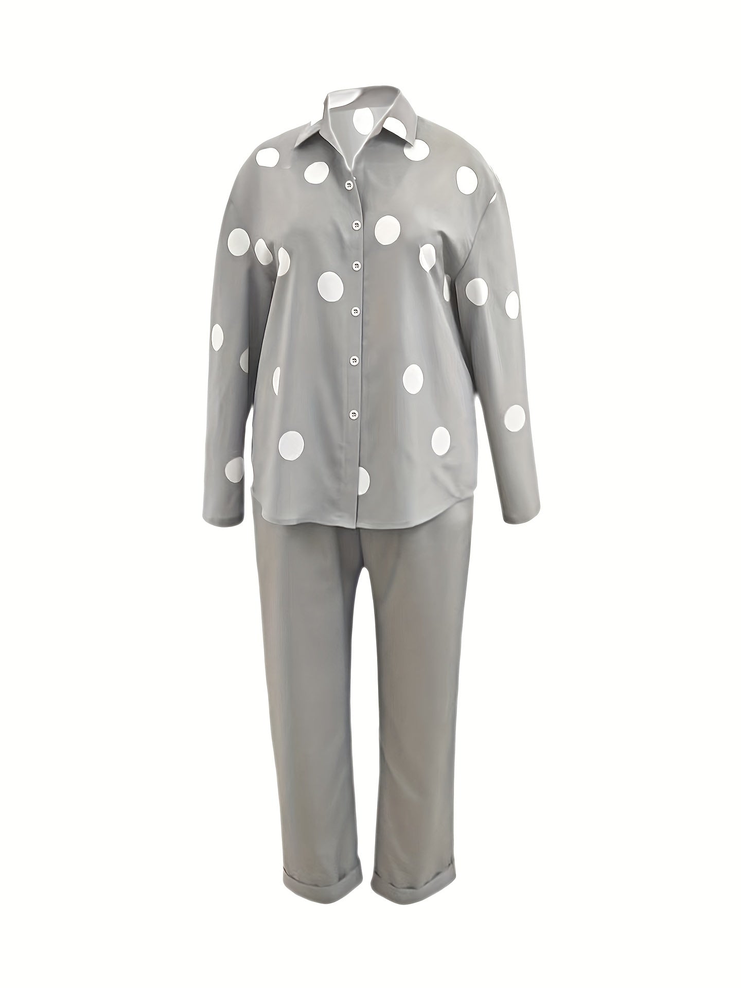 Women's Plus Dot Print Shirt & Roll Up Pants Set