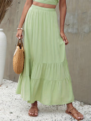Boho Ruffle Trim Tiered Long Skirts Elastic Waist A line Maxi Skirts Women's