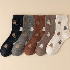 5 Pairs Cartoon Cat Print Socks Women's Mid Tube Stockings