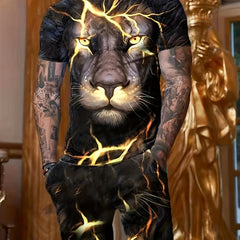 3D Lion Pattern Print Men's 2Pcs Outfits Crew Neck Short Sleeve T shirt