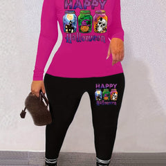 Halloween Print Two piece Set Casual Long Sleeve Tee & Skinny Pants
