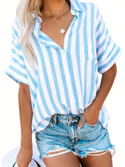 Striped Print Roll Up Batwing Sleeve Blouse