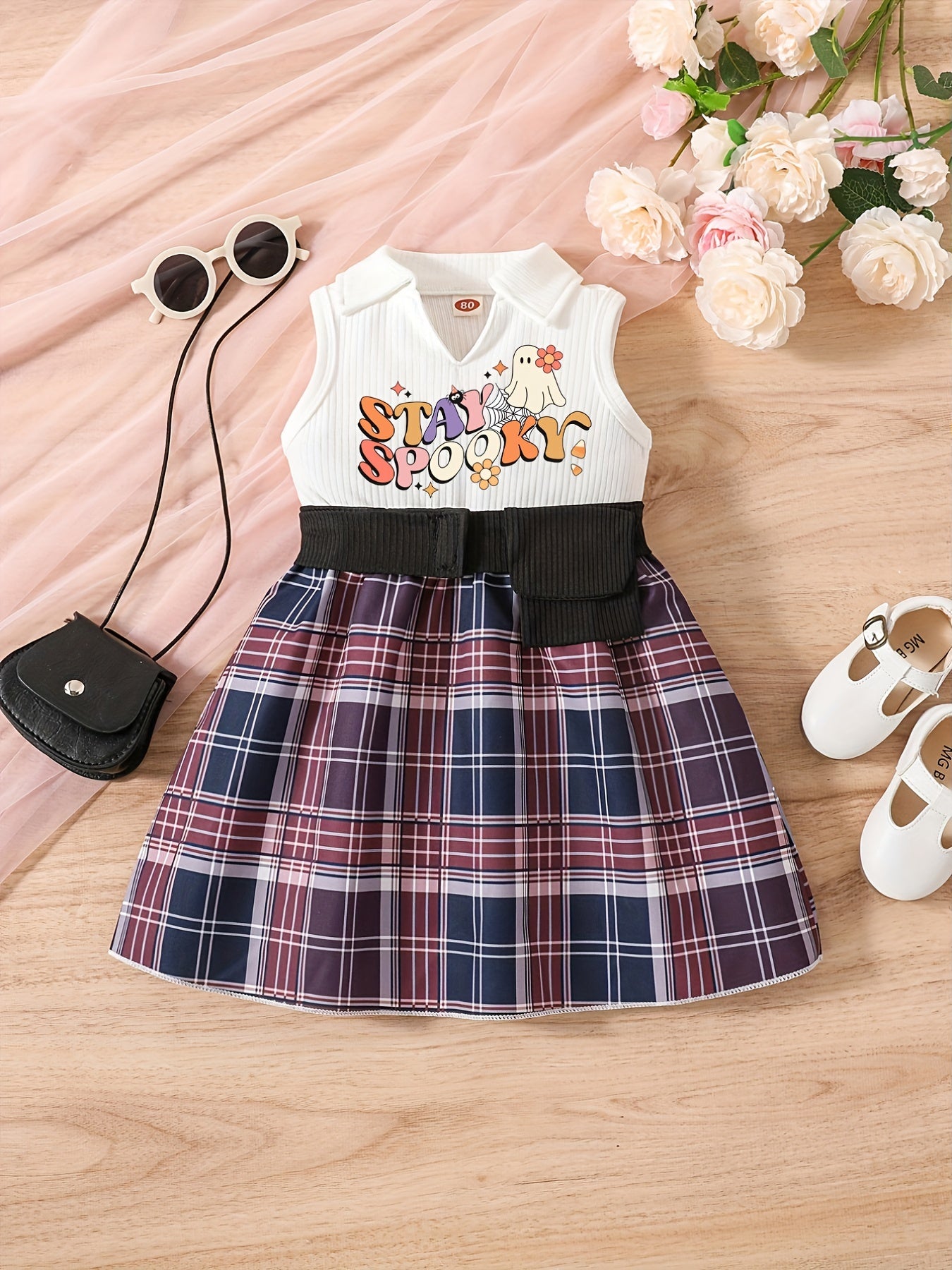 Infant Cartoon Print Pleated Tank Dress 2pcs Set