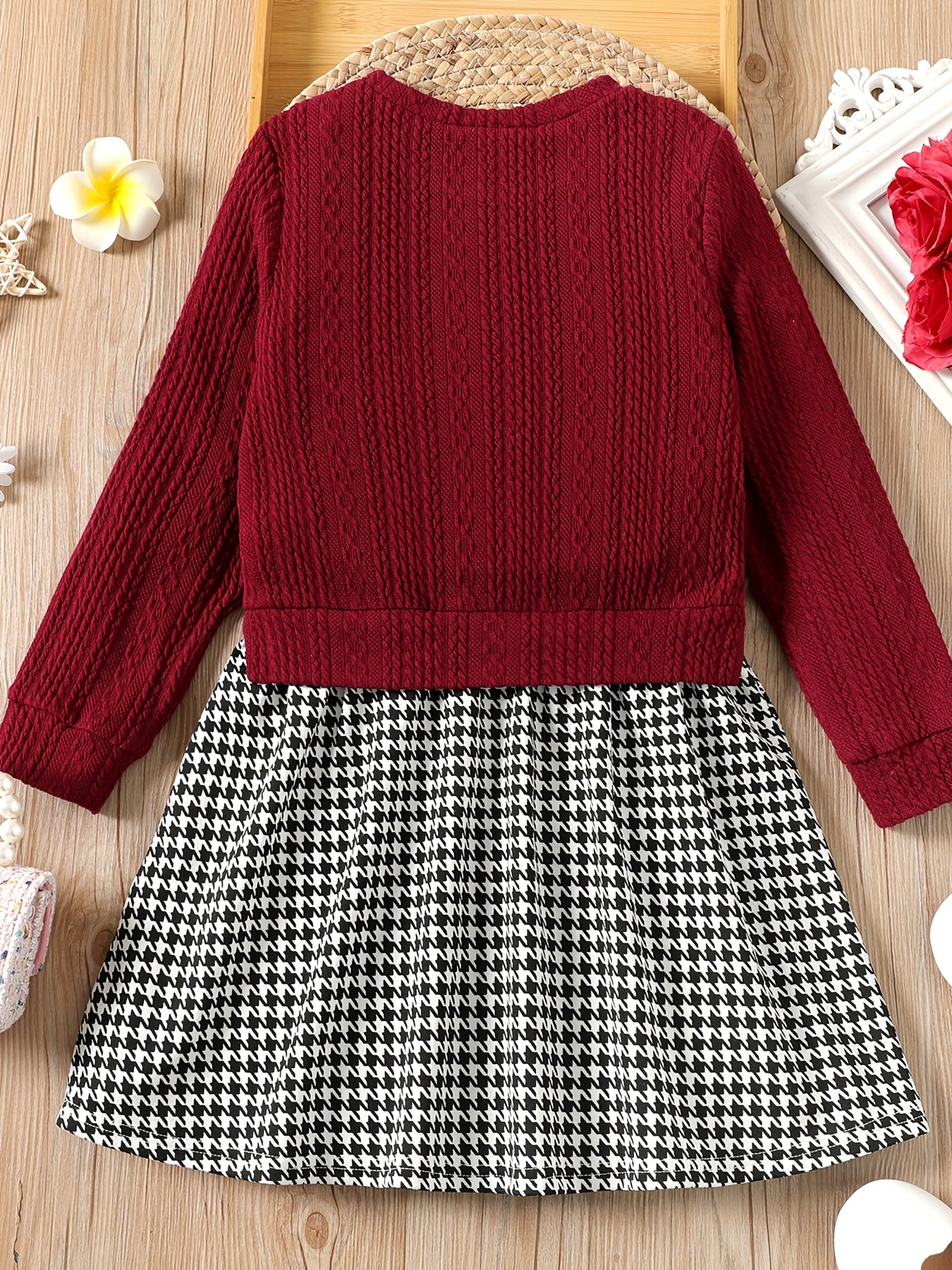 Kid Girl Cable Knit Houndstooth Long Sleeve Dress