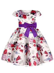 Girls Princess Dress Short Sleeve Bow Flowers Print Dress