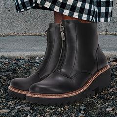 Women's Chunky Heel Ankle Boots Front Zipper Outdoor Non Slip Boots