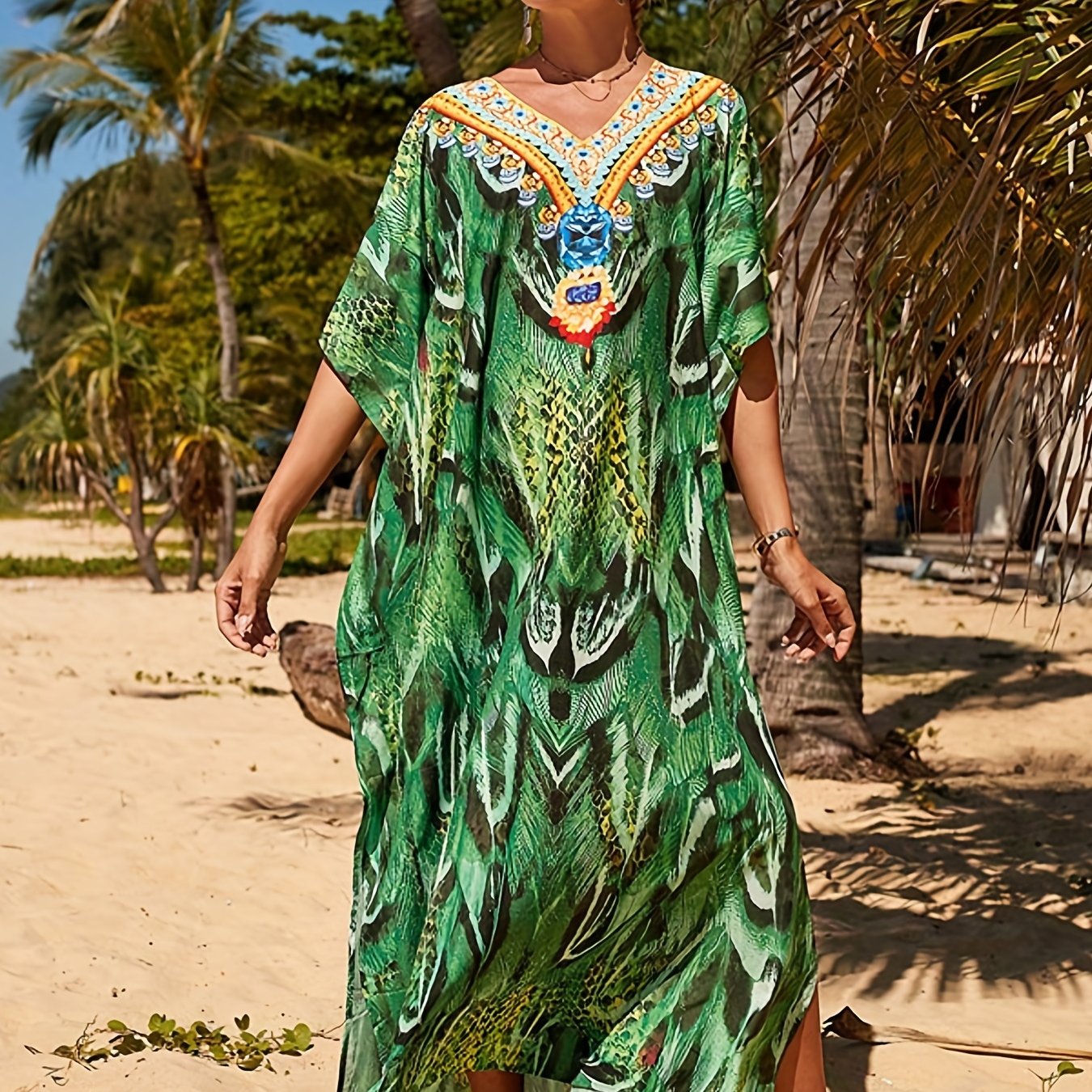 Plus Size Snake Print Boho Cover Up V Neck Beach Maxi Dress