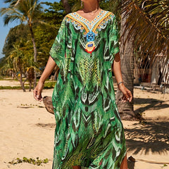 Plus Size Snake Print Boho Cover Up V Neck Beach Maxi Dress