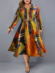 Allover Print Flounce Sleeve V Neck Dress