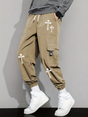 Cross Pattern Drawstring Cargo Pants Men's Joggers