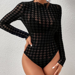 Houndstooth Print Solid Bodysuit Sexy Slim Long Sleeve