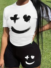 Smile Face Print 2pc Set Crew Neck Tee & Workout Shorts Women's Clothing