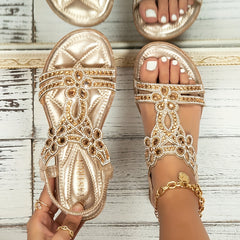Boho Floral Rhinestone Flat Sandals Open Toe Slip On Casual Outdoor Sandals