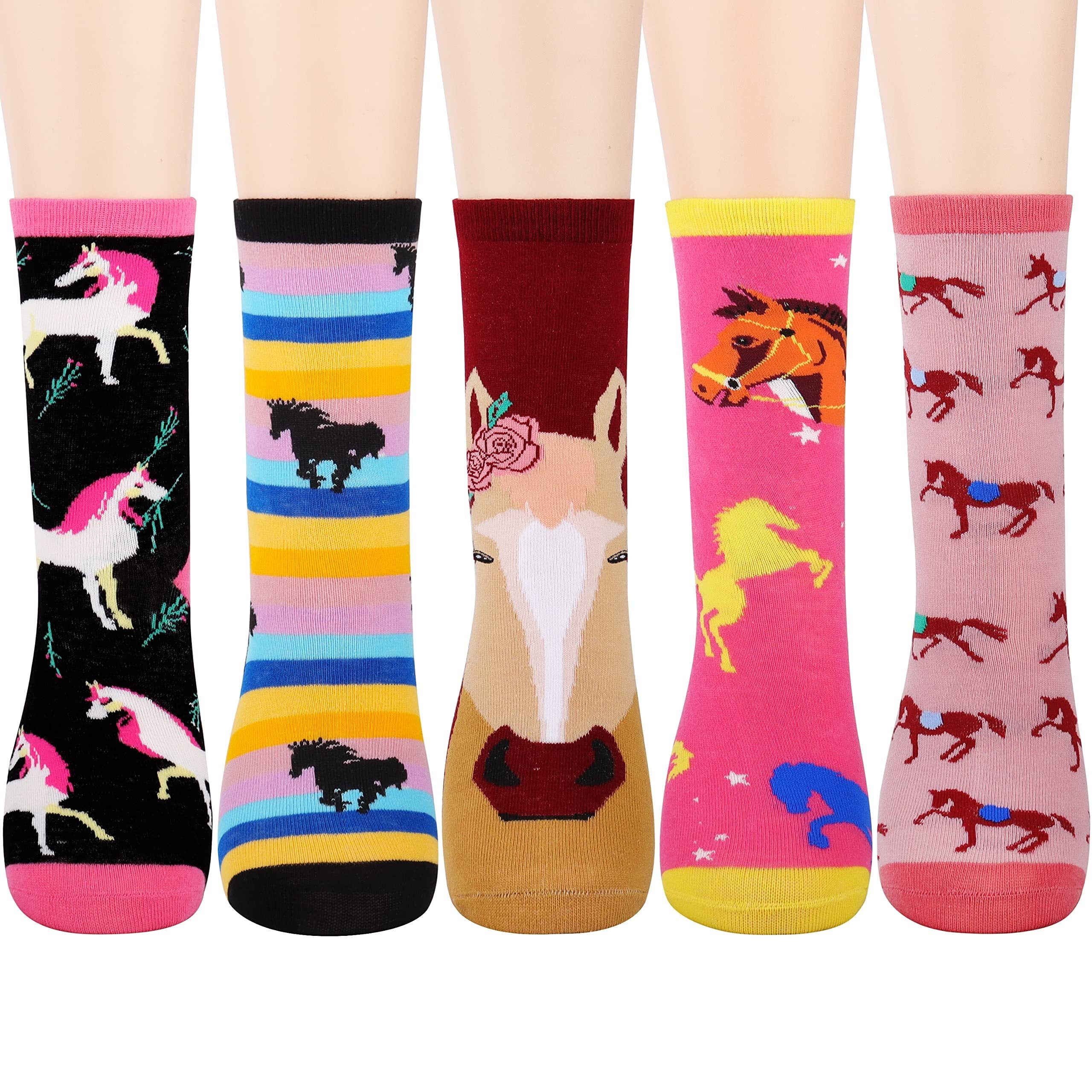 5pairs Girls Kids Funny Crazy Horse Pattern Cartoon Crew Socks