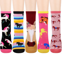 5pairs Girls Kids Funny Crazy Horse Pattern Cartoon Crew Socks