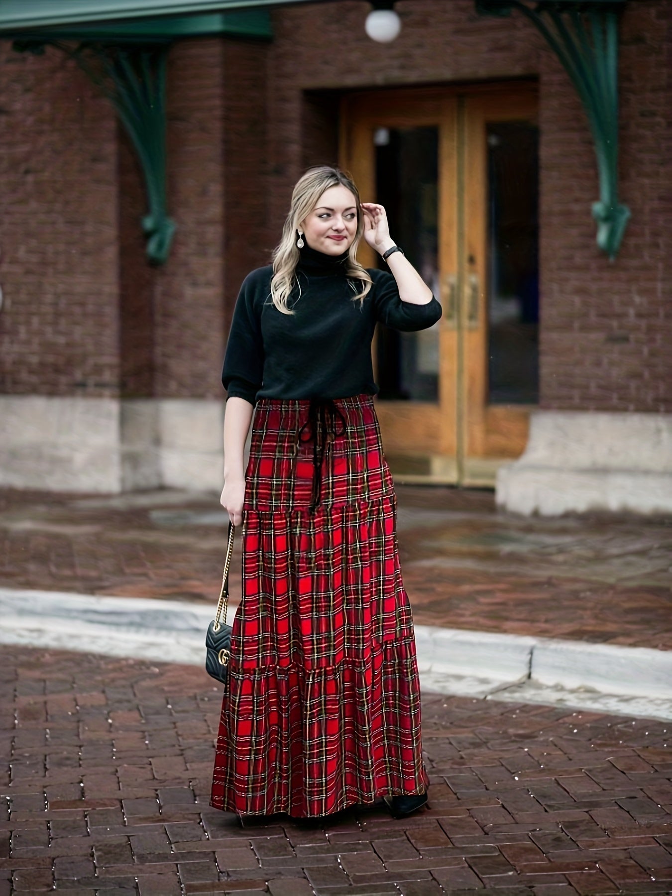 Plaid Print Drawstring Maxi Skirt