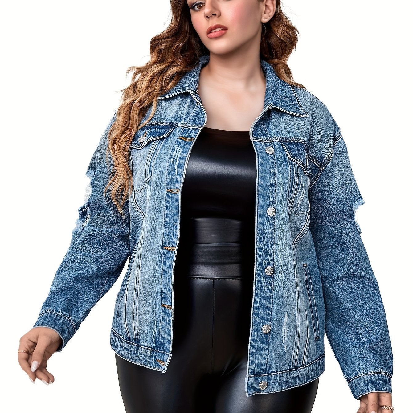 Casual Denim Top Women's Plus Washed Long Sleeve Button Up Jacket