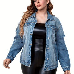 Casual Denim Top Women's Plus Washed Long Sleeve Button Up Jacket