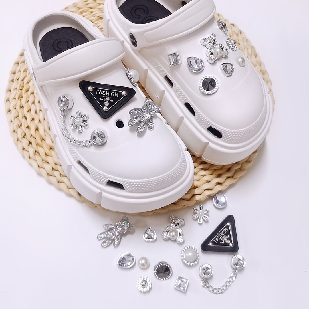 Triangle Silver Pearl Bear Rhinestone Shoe Decor Set
