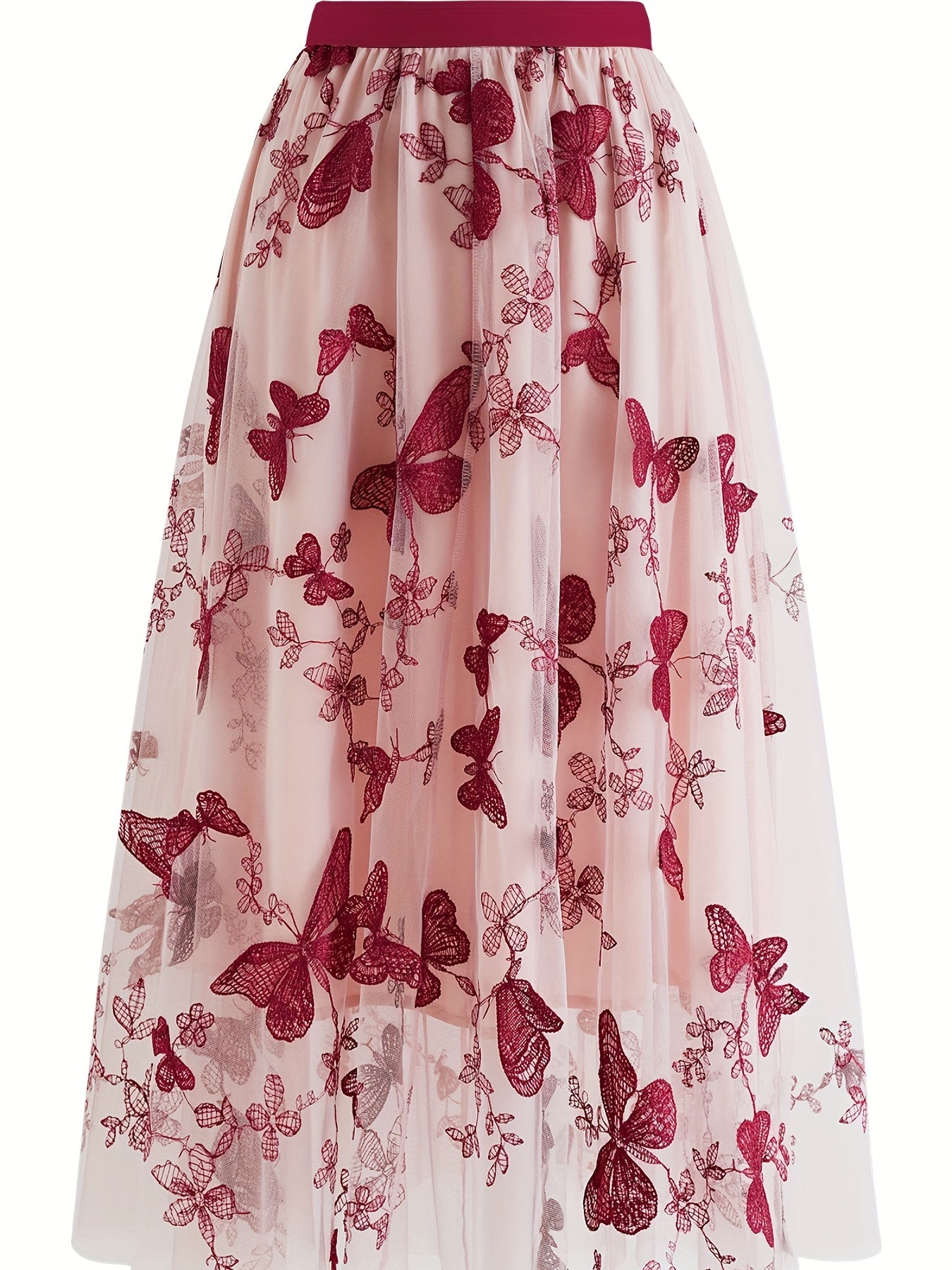 Butterfly Embroidered Midi Dress Elastic Waist Vacation Casual Dress
