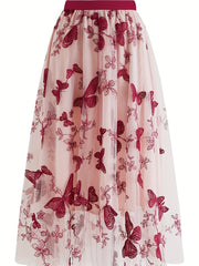 Butterfly Embroidered Midi Dress Elastic Waist Vacation Casual Dress