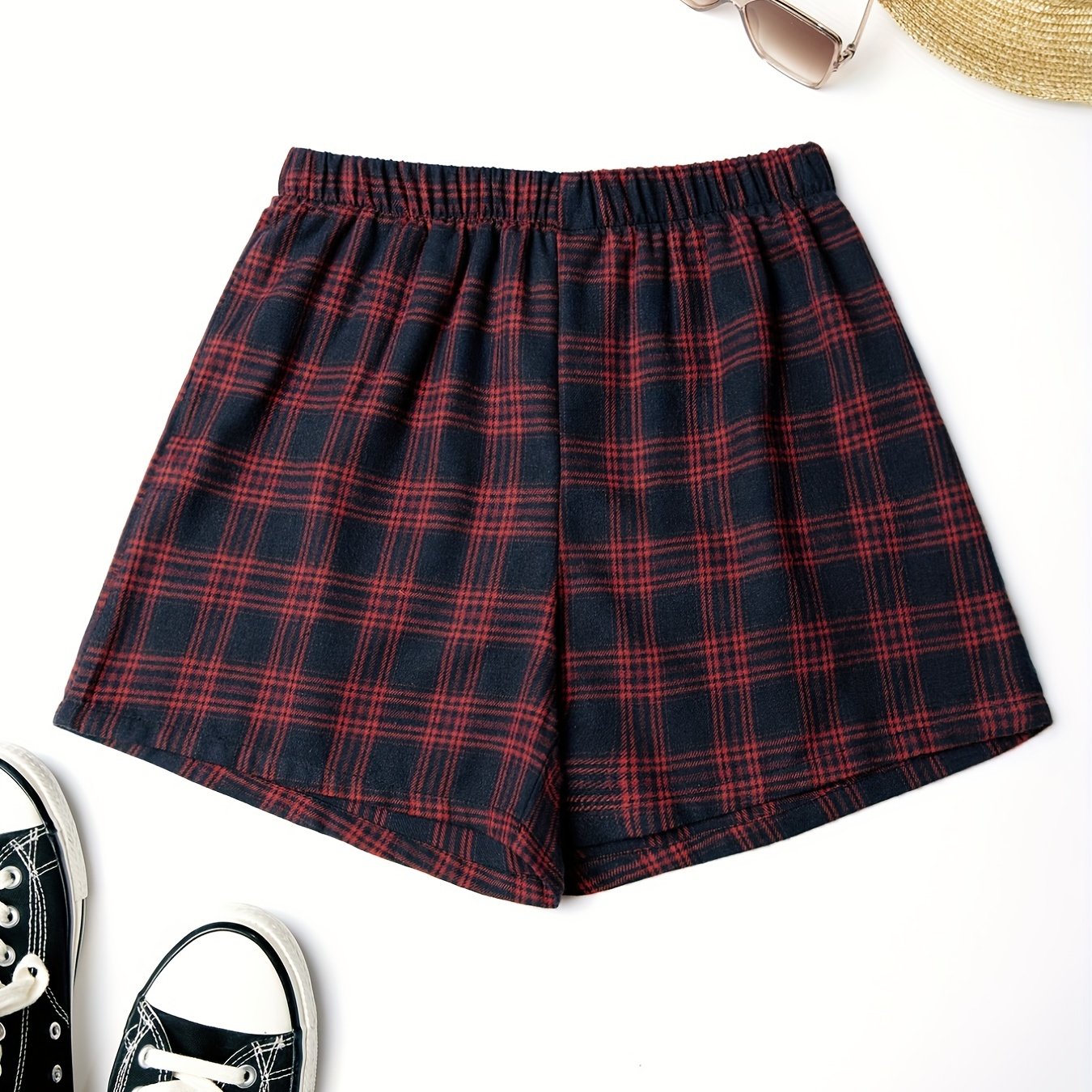 Plaid Elastic Waist Shorts Preppy Women's Clothing