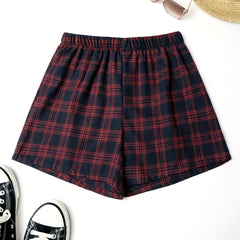 Plaid Elastic Waist Shorts Preppy Women's Clothing