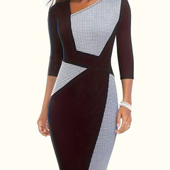 Colorblock Houndstooth Print Half Sleeve Dress